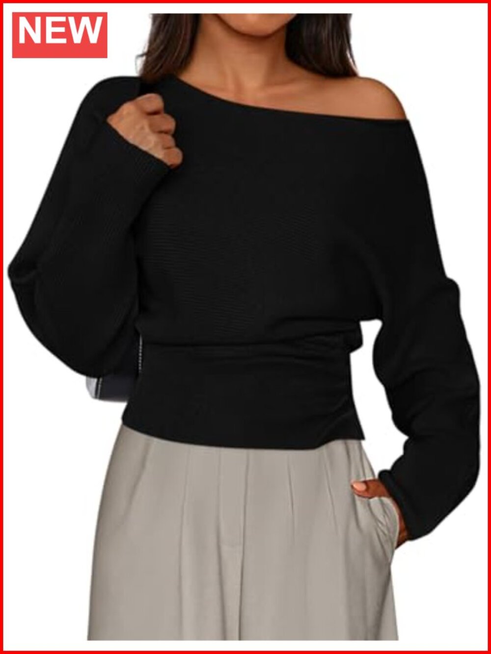 Off Shoulder Ribbed Knit Sweater Pullover Long Sleeve Boat Neck
